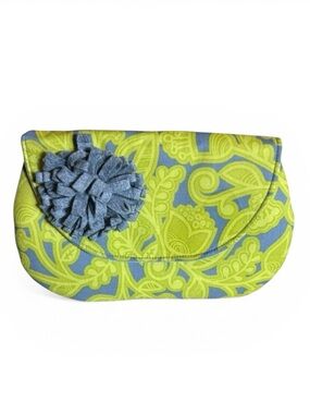 83 West Gray Green and Yellow Paisley Fabric Clutch Pouchette